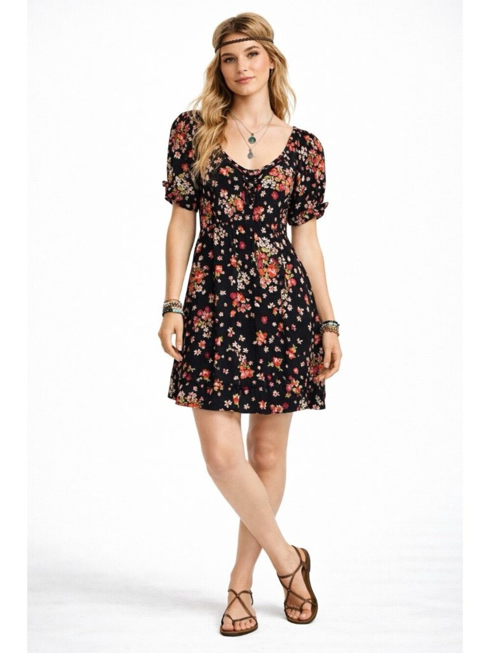 ANGIE DRESS floral puff sleeve LARGE hippie boho festival prairie western